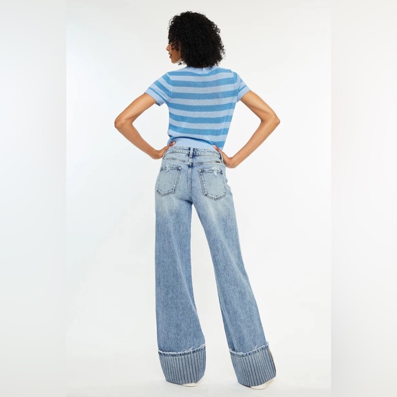 Kancan Petal High Rise Wide Leg Jean Cuff Stripe NWT - Picture 2 of 7